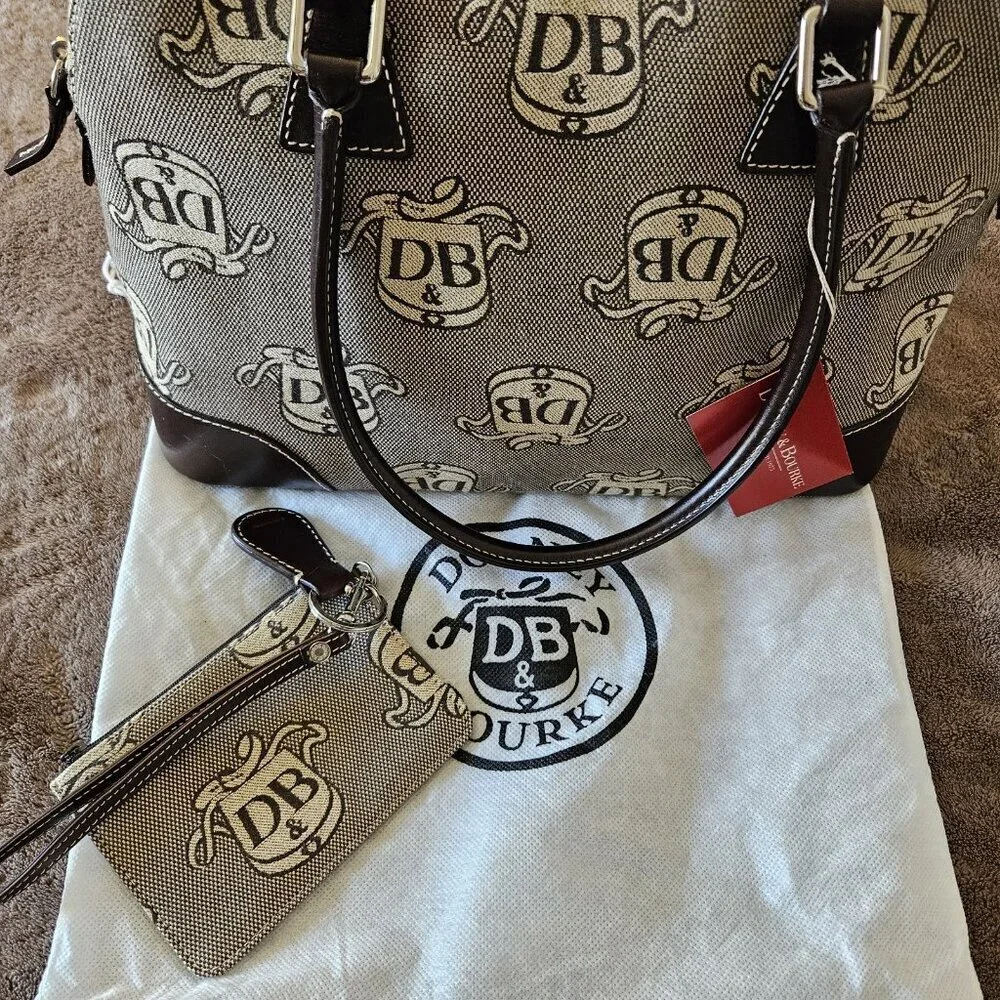Dooney & Bourke DB Monogram Satchel + Wristlet Set NWT Gray Canvas Leather